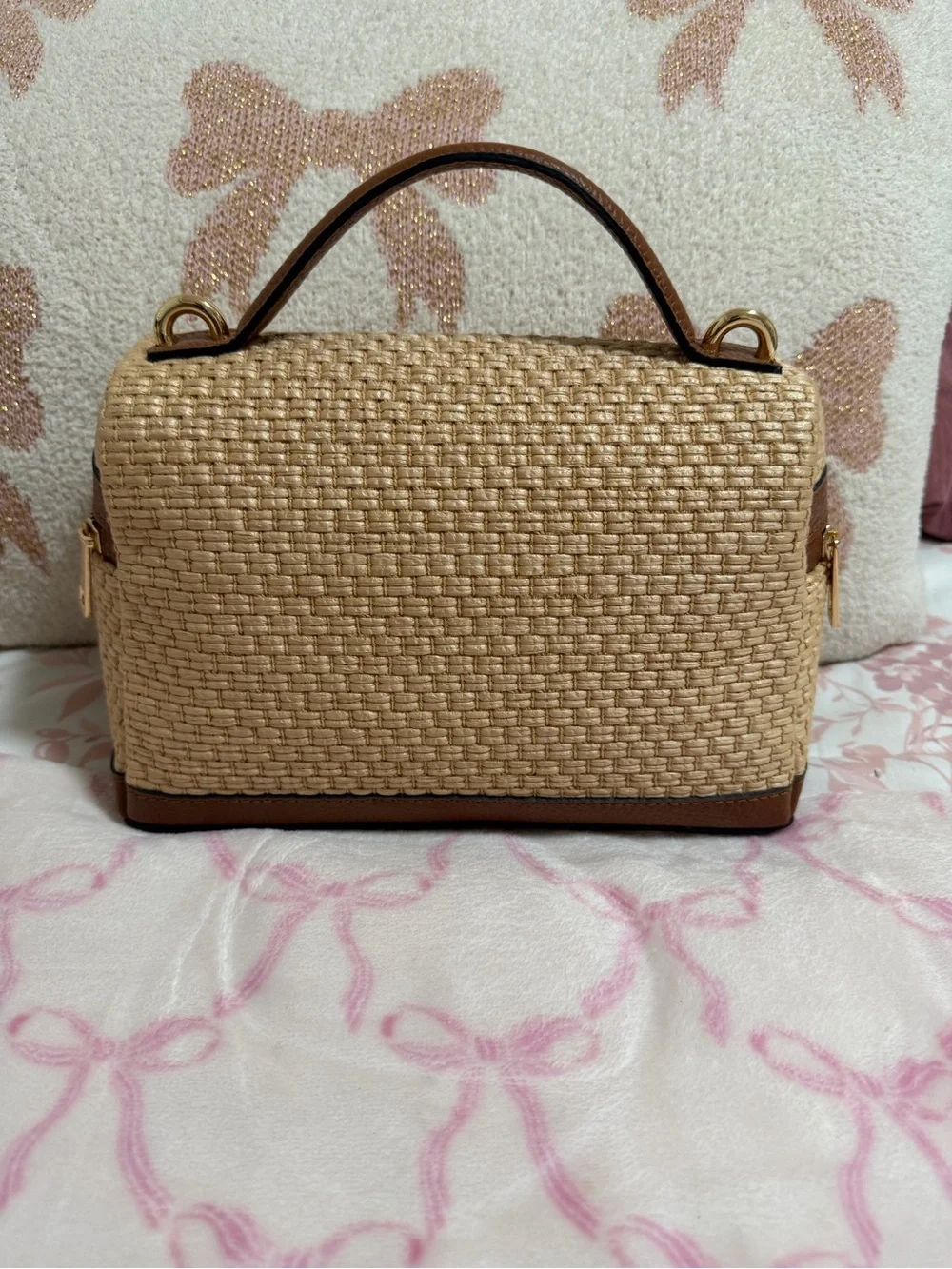 Cheval Woven Straw Top-Handle Box Bag in Tan with crossbody strap
